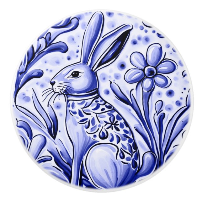 Hare Rabbit Bunny Folk Animal Art Ceramic Knob (Front)