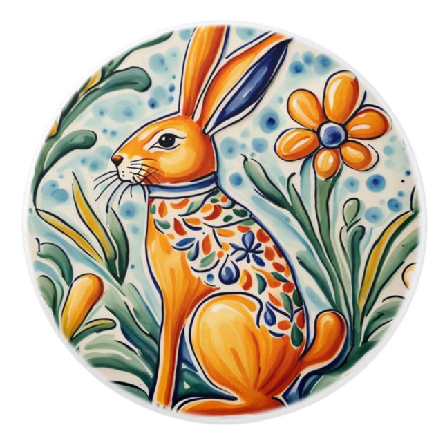 Hare Rabbit Mediterranean Bunny Folk Animal Art Ceramic Knob (Front)