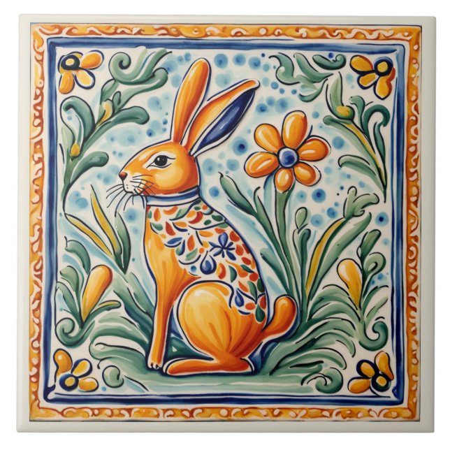 Hare Rabbit Mediterranean Bunny Folk Animal Art Ceramic Tile (Front)