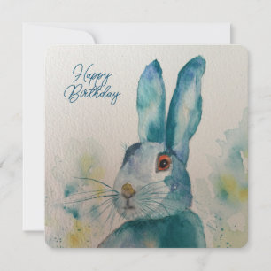 Hare Rabbit Watercolour Blue Birthday Card