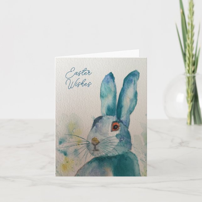 Hare Rabbit Watercolour Blue Easter Card (Front)
