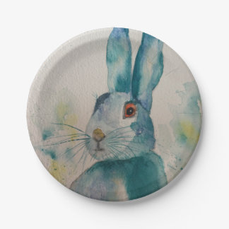 Hare Rabbit Watercolour Blue   Paper Plate