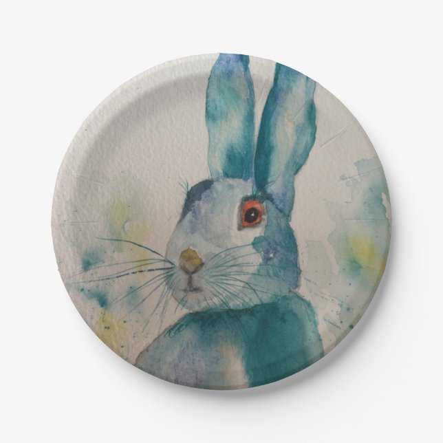Hare Rabbit Watercolour Blue   Paper Plate (Front)