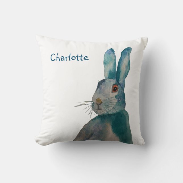 Hare Rabbit Watercolour Blue  Personalized  Cushion (Front)