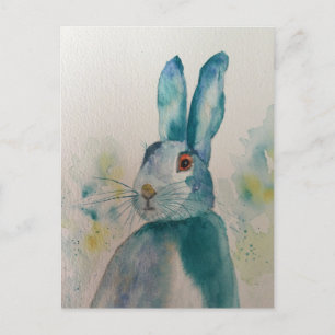 Hare Rabbit Watercolour Blue Postcard
