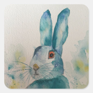 Hare Rabbit Watercolour Blue   Square Sticker