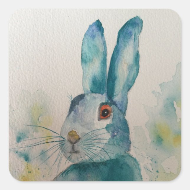 Hare Rabbit Watercolour Blue   Square Sticker (Front)