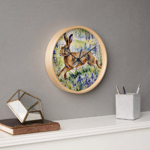 Hare running through bluebells clock