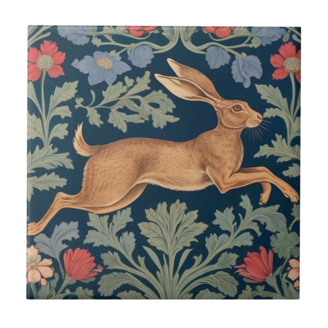 Hare William Morris style Right Facing Floral Ceramic Tile (Front)