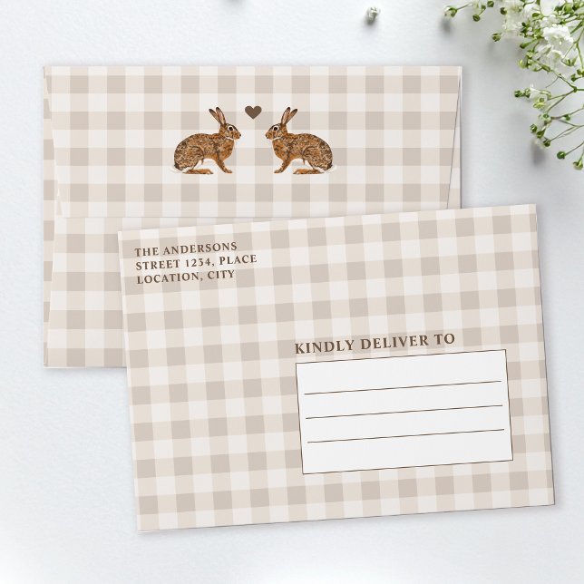 Hares In Love On Beige Gingham Rustic Wedding Envelope (Creator Uploaded)