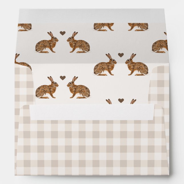 Hares In Love With Beige Gingham Rustic Wedding Envelope (Back (Bottom))