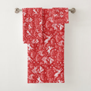 Hares Snow Field Bunnies Rabbit Winter Pattern Red Bath Towel Set