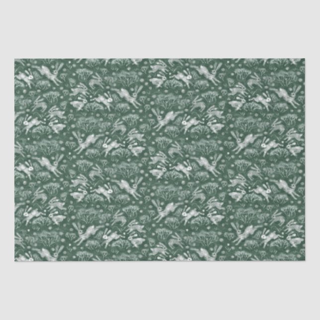 Hares Snow Field White Rabbit Winter Pattern Green Tissue Paper (Front)