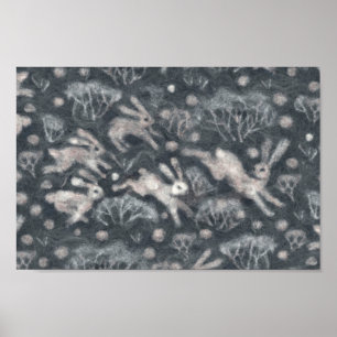 Hares Snow Field White Rabbits Winter Animals Grey Poster