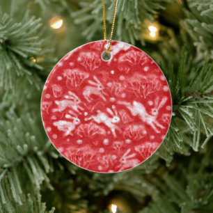 Hares Snow Field White Rabbits Winter Animals Red Ceramic Ornament