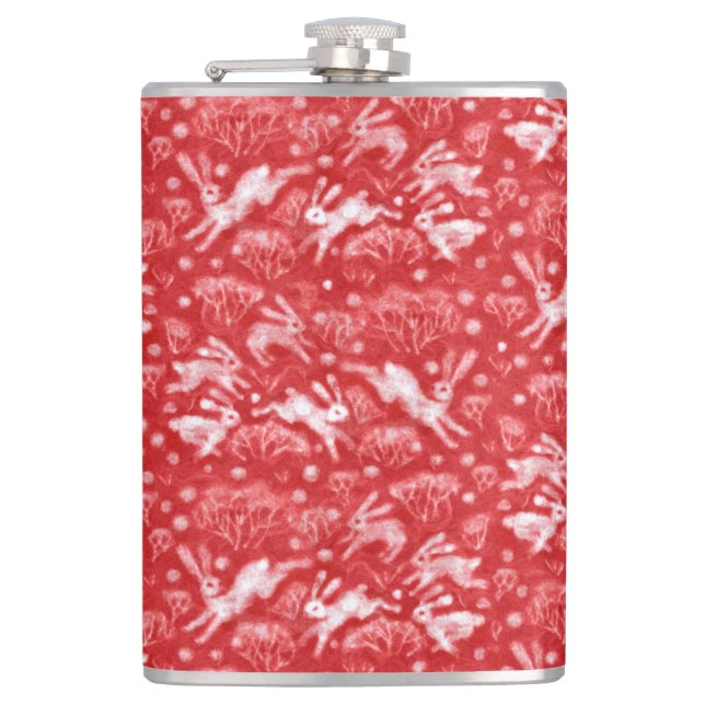 Hares Snow Field White Rabbits Winter Animals Red Hip Flask (Front)