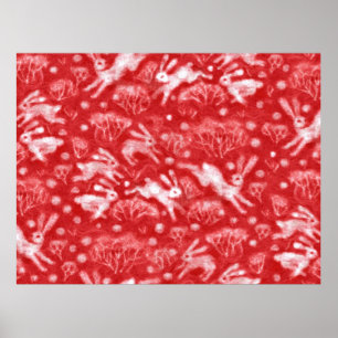 Hares Snow Field White Rabbits Winter Animals Red  Poster