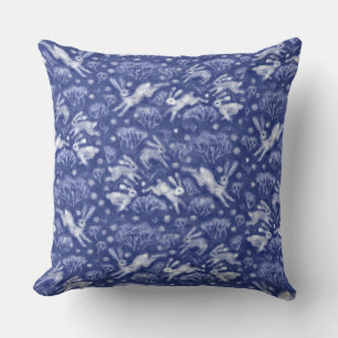 Hares Snow Field White Rabbits Winter Pattern Blue Cushion