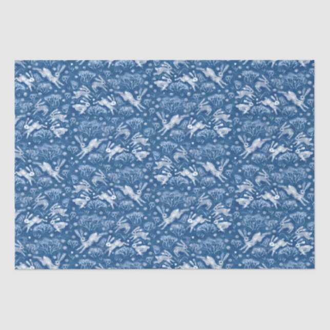 Hares Snow Field White Rabbits Winter Pattern Blue Tissue Paper (Front)