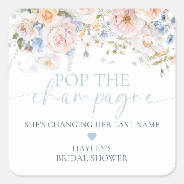 Hargrove Blue Floral Pop The Champagne Shower Square Sticker (Front)