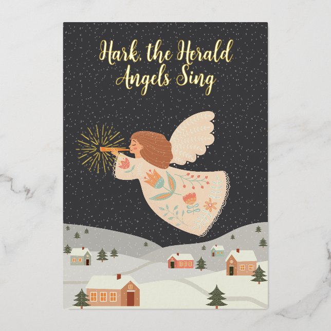 Hark the Herald Angels Sing Nordic Christmas Foil Holiday Card (Front)