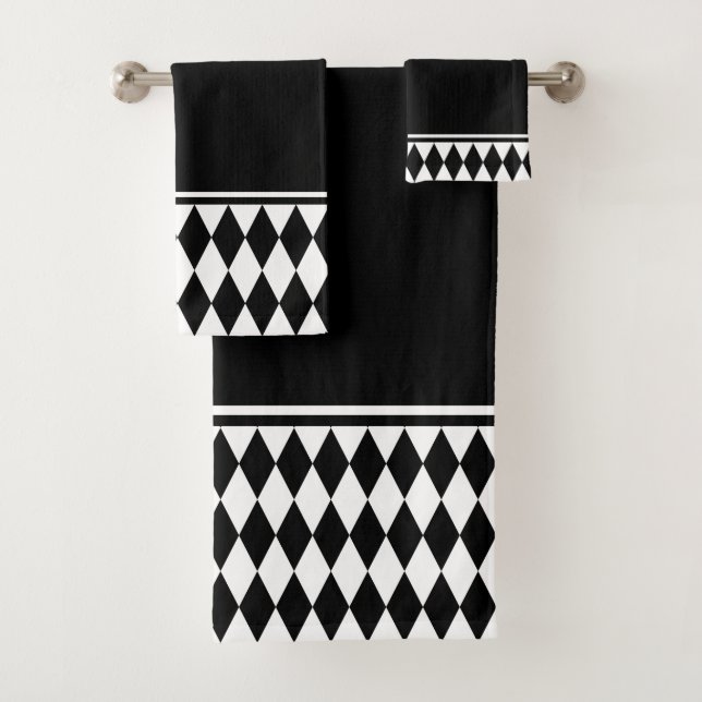 Harlequin Black and White Diamond Pattern Bath Towel Set (Insitu)