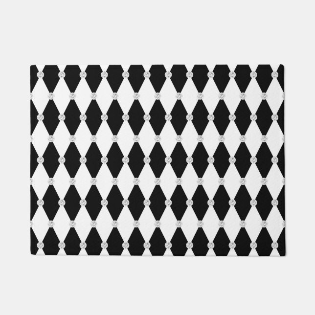 Harlequin Black White Rhombus Diamond Shape Doormat (Front)