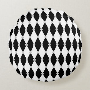 Harlequin Black White Rhombus Diamond Shape Round Cushion
