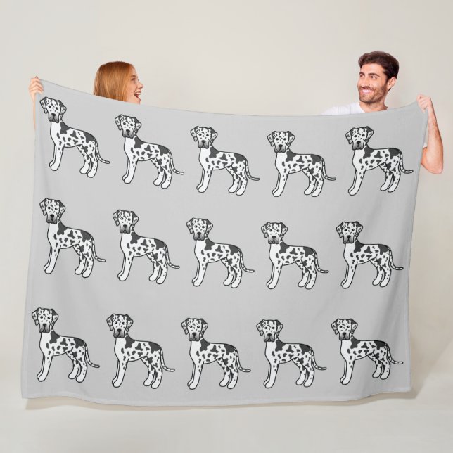 Harlequin Coat Great Dane Dogs Pattern On Grey Fleece Blanket (In Situ)