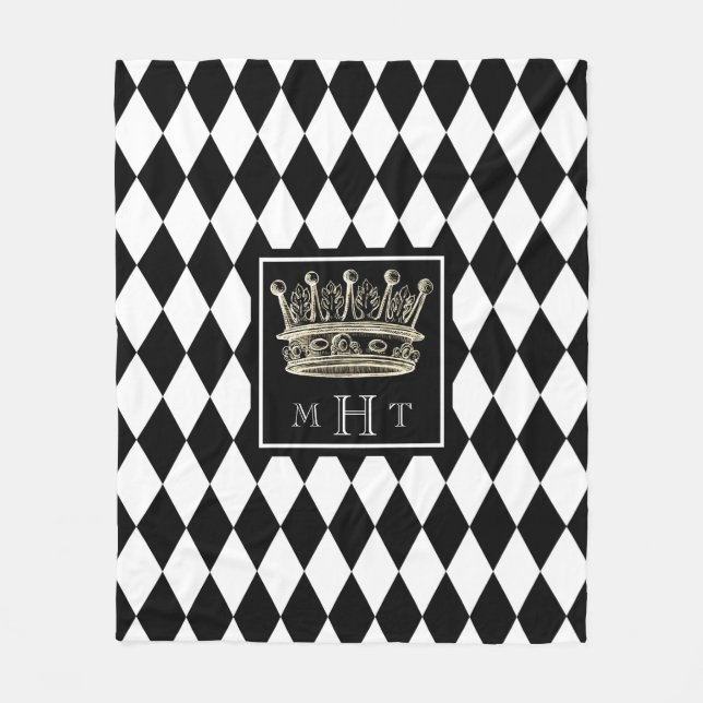 Harlequin Crown Black and White Diamond Monogram Fleece Blanket (Front)
