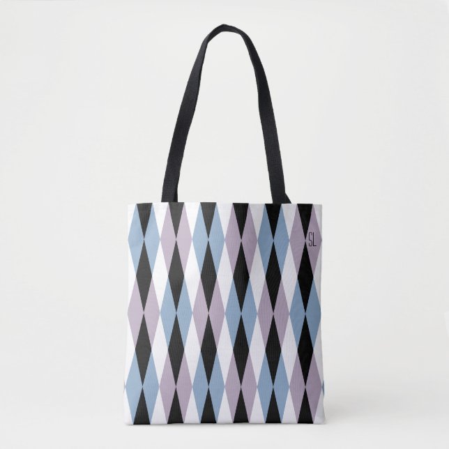 Harlequin Diamond Pattern - Blue and Dusty Lilac Tote Bag (Front)