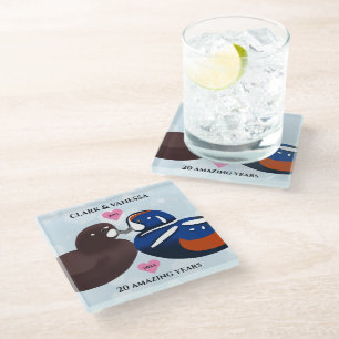 Harlequin Ducks Lovebirds Any Year Anniversary Glass Coaster