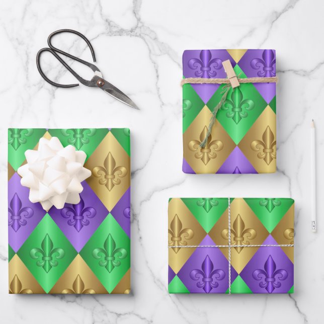 Harlequin Fleur-de-Lis Mardi Gras Pattern Wrapping Paper Sheet (Front)