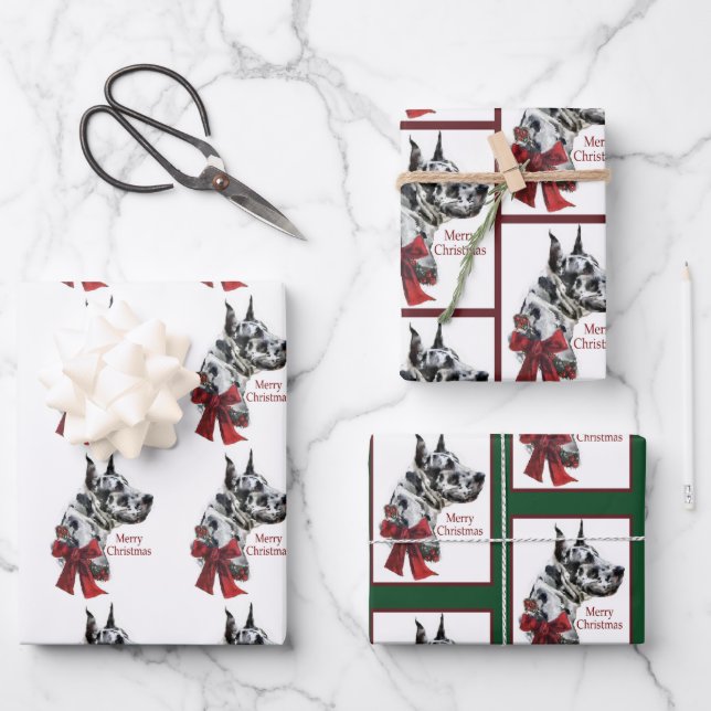 Harlequin Great Dane Christmas Wrapping Paper Sheet (Front)