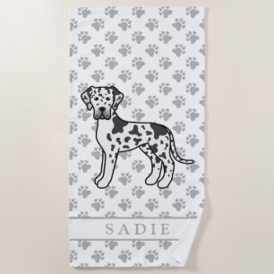 Harlequin Great Dane Cute Cartoon Dog & Name Beach Towel