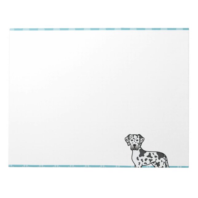 Harlequin Great Dane Dog Drawing With Blue Borders Notepad (Front)