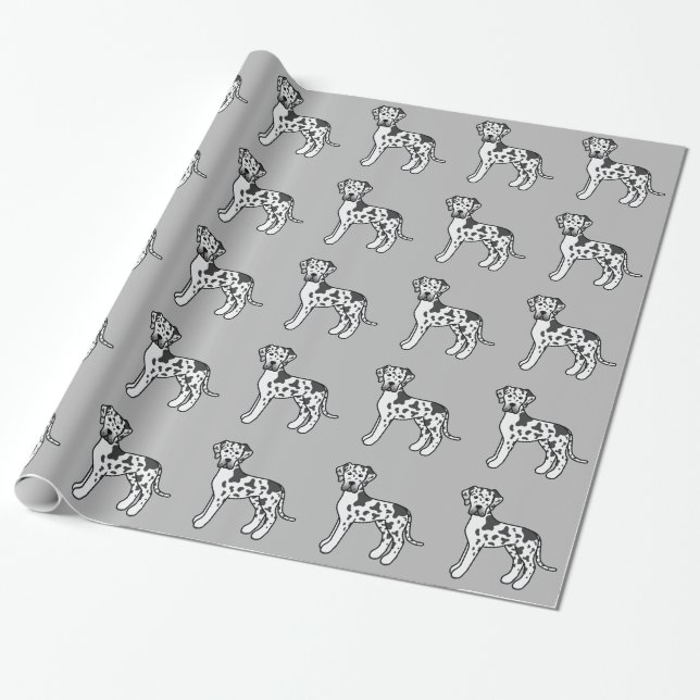 Harlequin Great Dane Dogs Pattern On Grey Wrapping Paper (Unrolled)