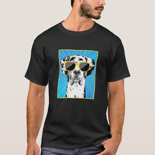 Harlequin Great Dane Portrait Pop Art Dog With Sun T-Shirt (Front)