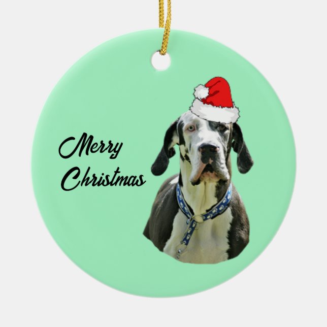 Harlequin Great Dane with Santa Hat   Ceramic Ornament (Front)
