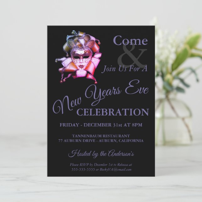 Harlequin New Years Eve Invitation (Standing Front)