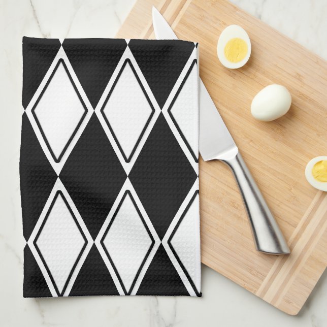 Harlequin Pattern Black and White Tea Towel (Quarter Fold)