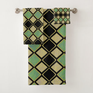 Harlequin Pattern in Gold, Green, and Black  Bath Towel Set