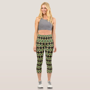 Harlequin Pattern in Gold, Green, and Black  Capri Leggings
