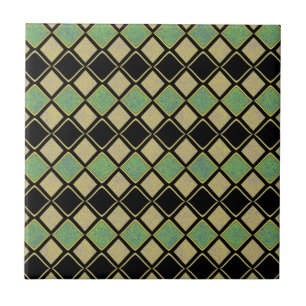 Harlequin Pattern in Gold, Green, and Black  Ceramic Tile