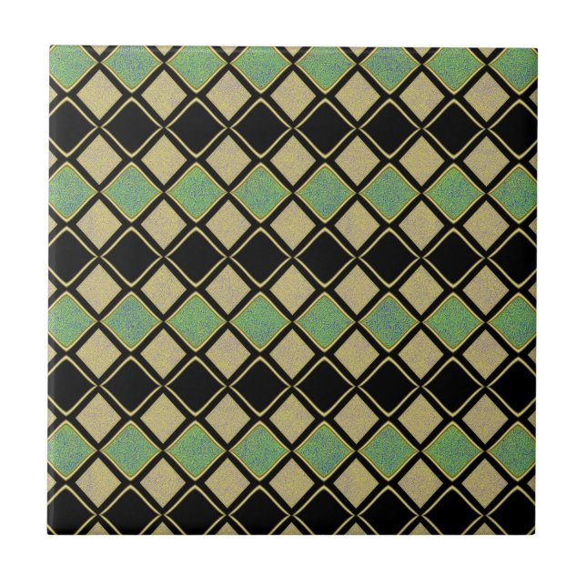 Harlequin Pattern in Gold, Green, and Black  Ceramic Tile (Front)