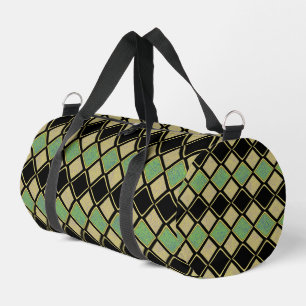 Harlequin Pattern in Gold, Green, and Black Duffle Bag