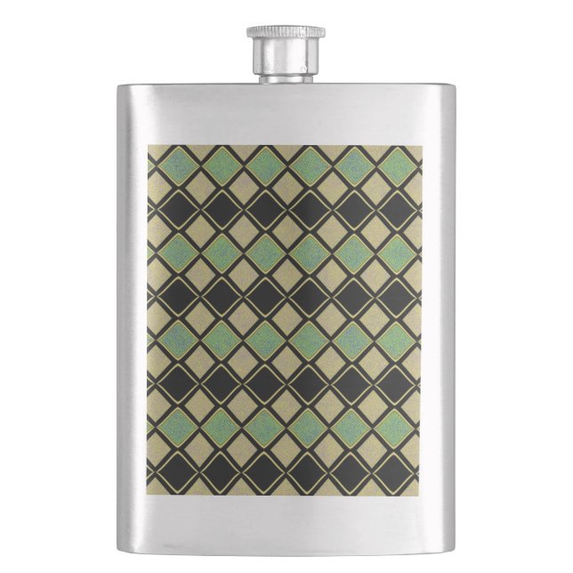 Harlequin Pattern in Gold, Green, and Black  Hip Flask (Front)
