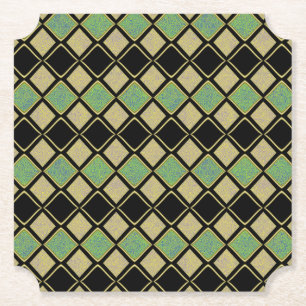 Harlequin Pattern in Gold, Green, and Black Paper Coaster