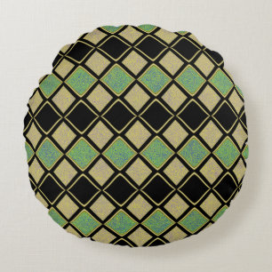Harlequin Pattern in Gold, Green, and Black Round Cushion