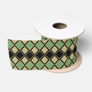 Harlequin Pattern in Gold, Green, and Black Satin Ribbon